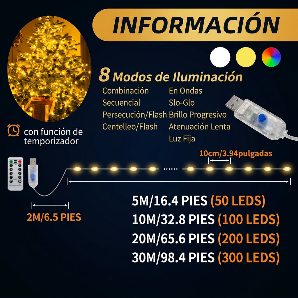 Guirnalda de Luces LED de Cable de Cobre USB, 8 Modos